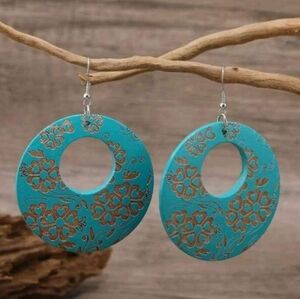 Round Wooden Teal Earrings